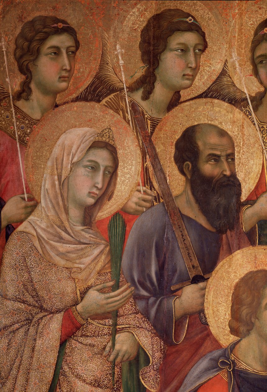 Jomfru og barn på tronen, detalj med helgen Katarina av Alexandria og helgen Paul. (La Maesta) (tempera og gull på tre av Duccio di Buoninsegna