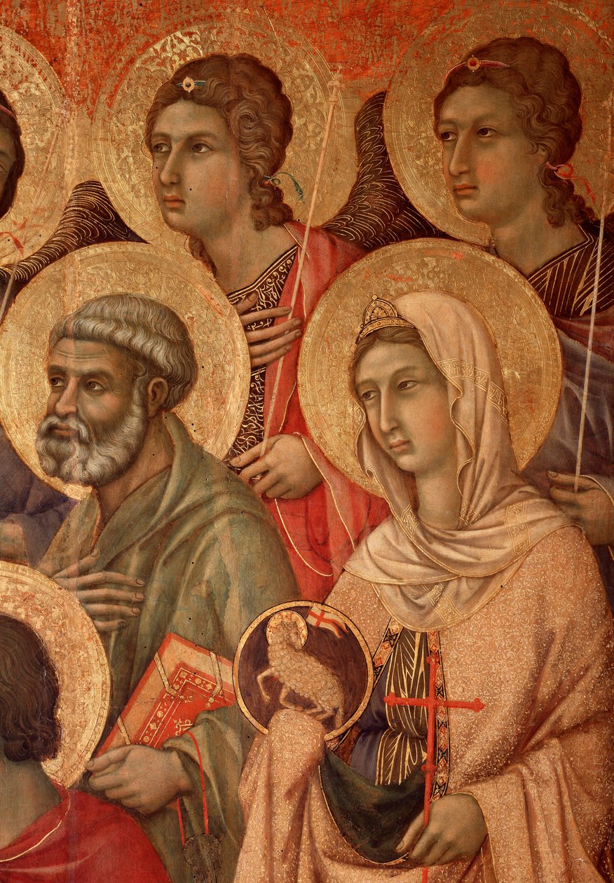 Jomfru og barn på tronen, detalj med helgen Peter og helgen Agnes (La Maesta) (tempera og gull på tre av Duccio di Buoninsegna