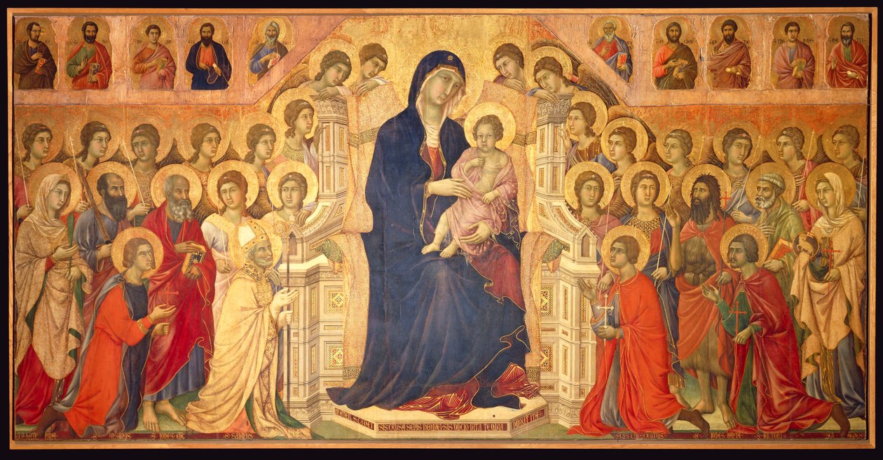 Jomfru tronet med Child, omgitt av engler og hellige, sentralpanelet til Maesta av Duccio di Buoninsegna