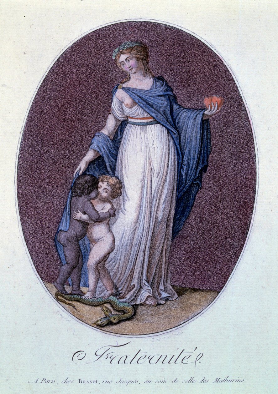 Fransk revolusjon "" Fraternite"" Allegori mot slaveriet i Frankrike med barn av forskjellige farger som kysser hverandre. Trykk av R. Duchemin (1700- eller 1800-tallet) Paris, Musee Carnavalet av Duchemin Duchemin