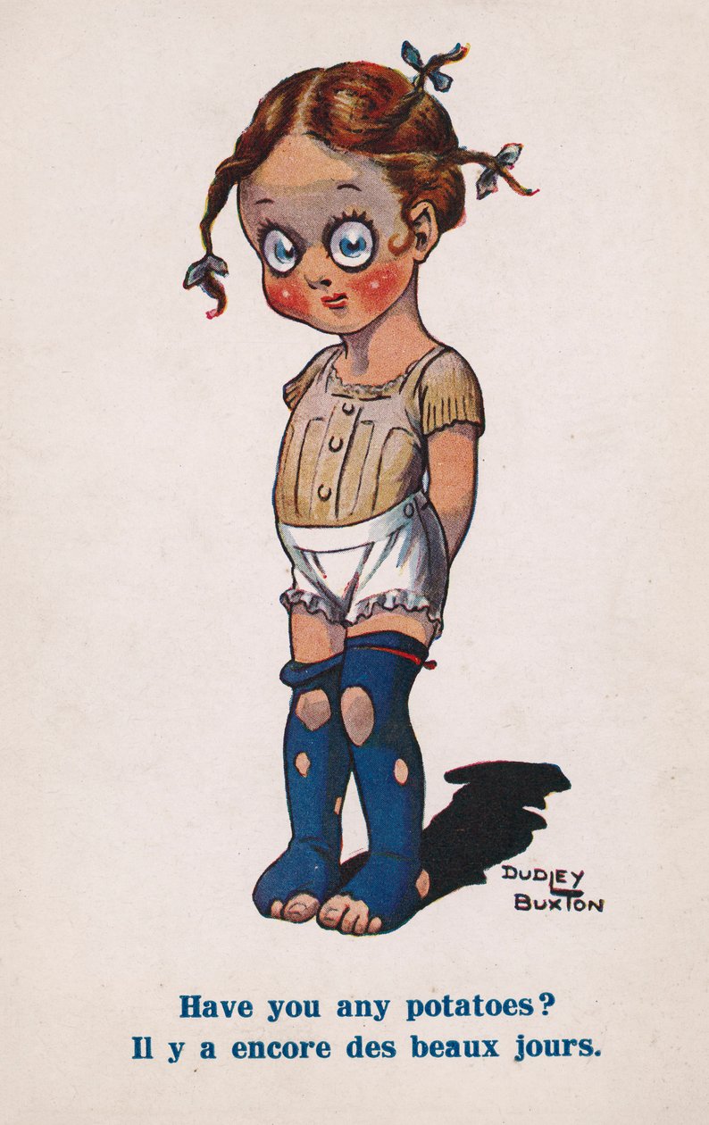 Jente ber om poteter (fargelitografi) av Dudley Buxton