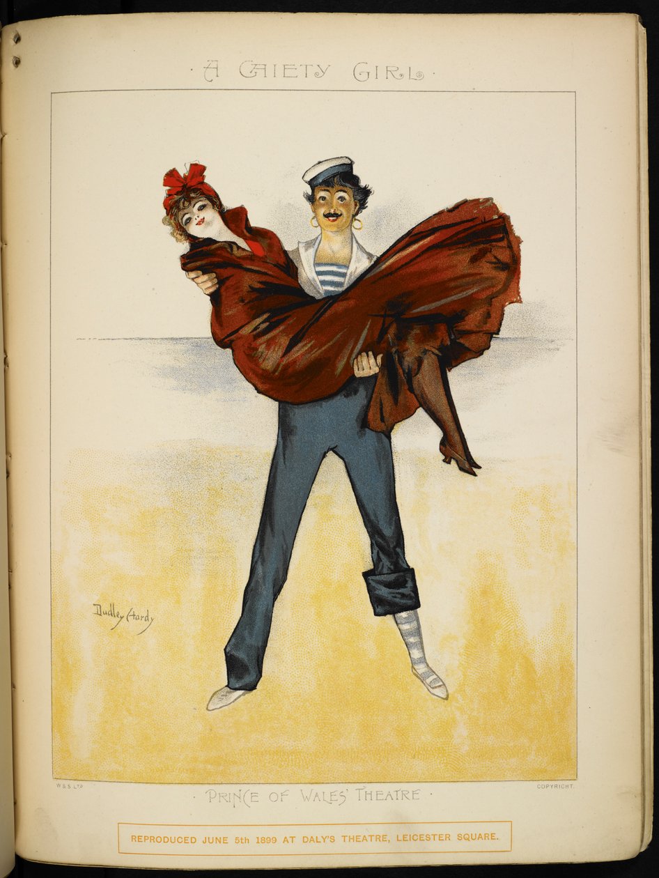En jente i armene til Auguste, en badevakt, på rivieraen (illustrasjon) av Dudley Hardy