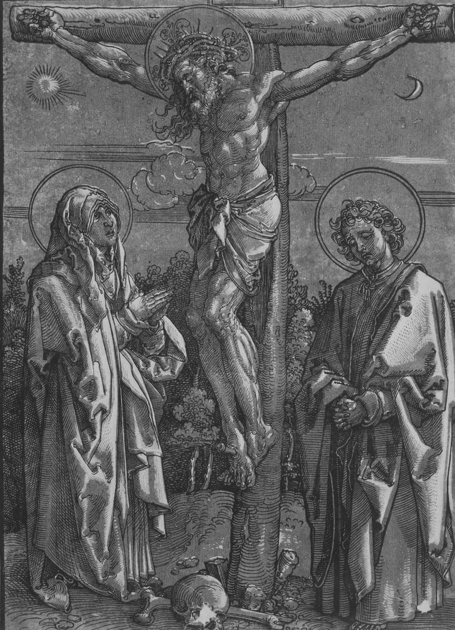Kristus på korset med jomfruen og den hellige Johannes, 1500-1550. av Dürer School.