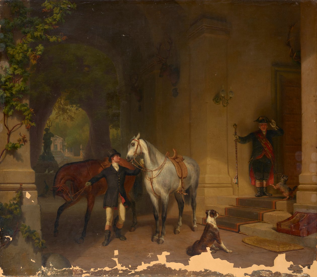 Ryttere med to hester foran slottet av Düsseldorfer Maler um 1850