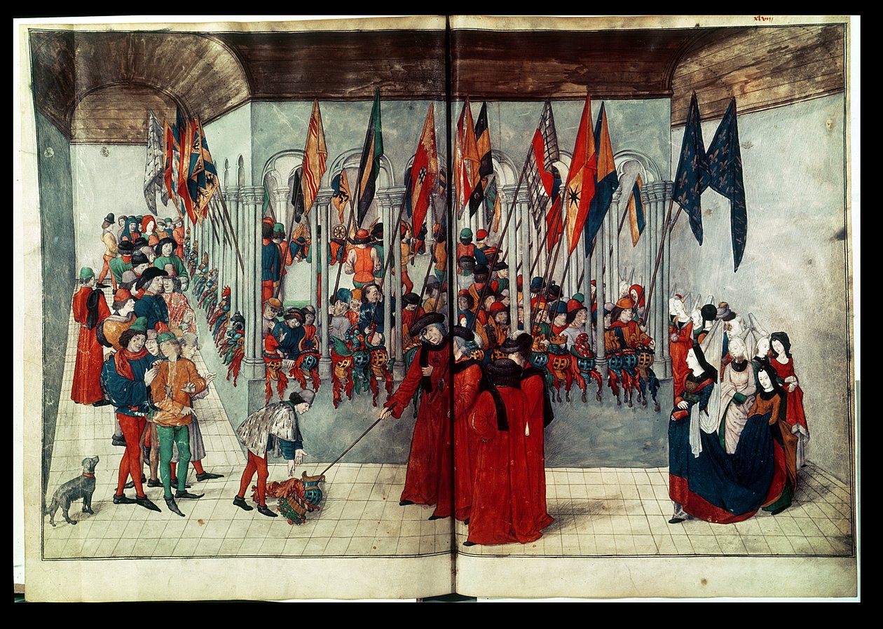 54998 bis fru fr. 2692 fol.47v-48r Forberedelser til en turnering, fra en avhandling av Duke of Anjou and King of Naples Rene or Renatus I