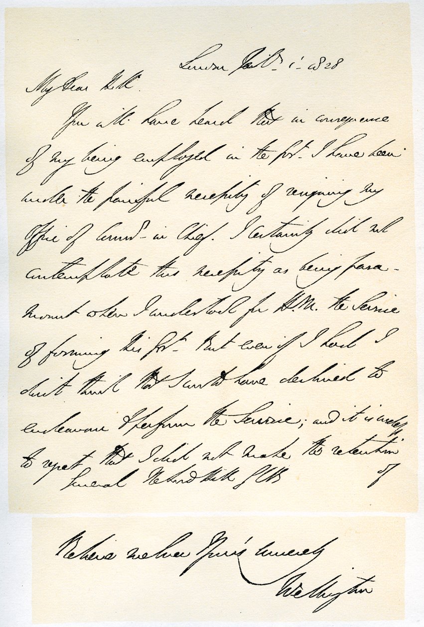 Brev fra hertugen av Wellington til general Rowland Hill, 1. februar 1828. av Duke of Wellington