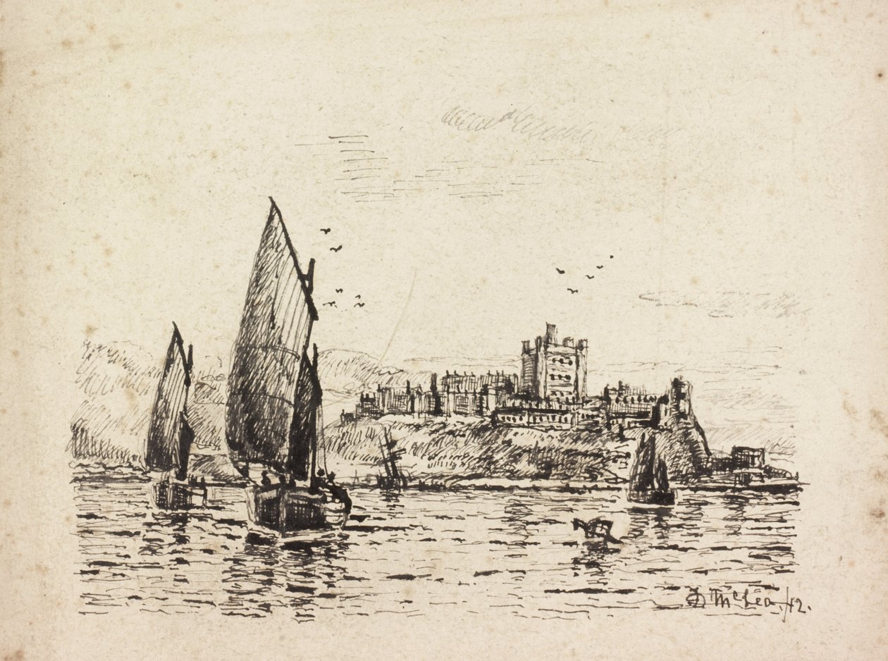 Utenfor Bamburgh Castle (svart blekk på papir) av Duncan F. McLea