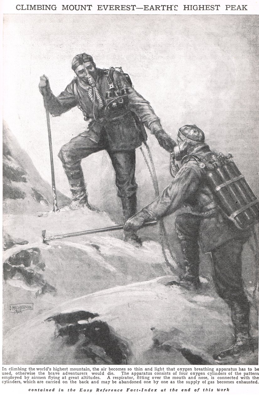 Klatring på Mount Everest, illustrasjon fra Newnes Pictorial Book of Knowledge, ca. 1920 av Duncan McPherson