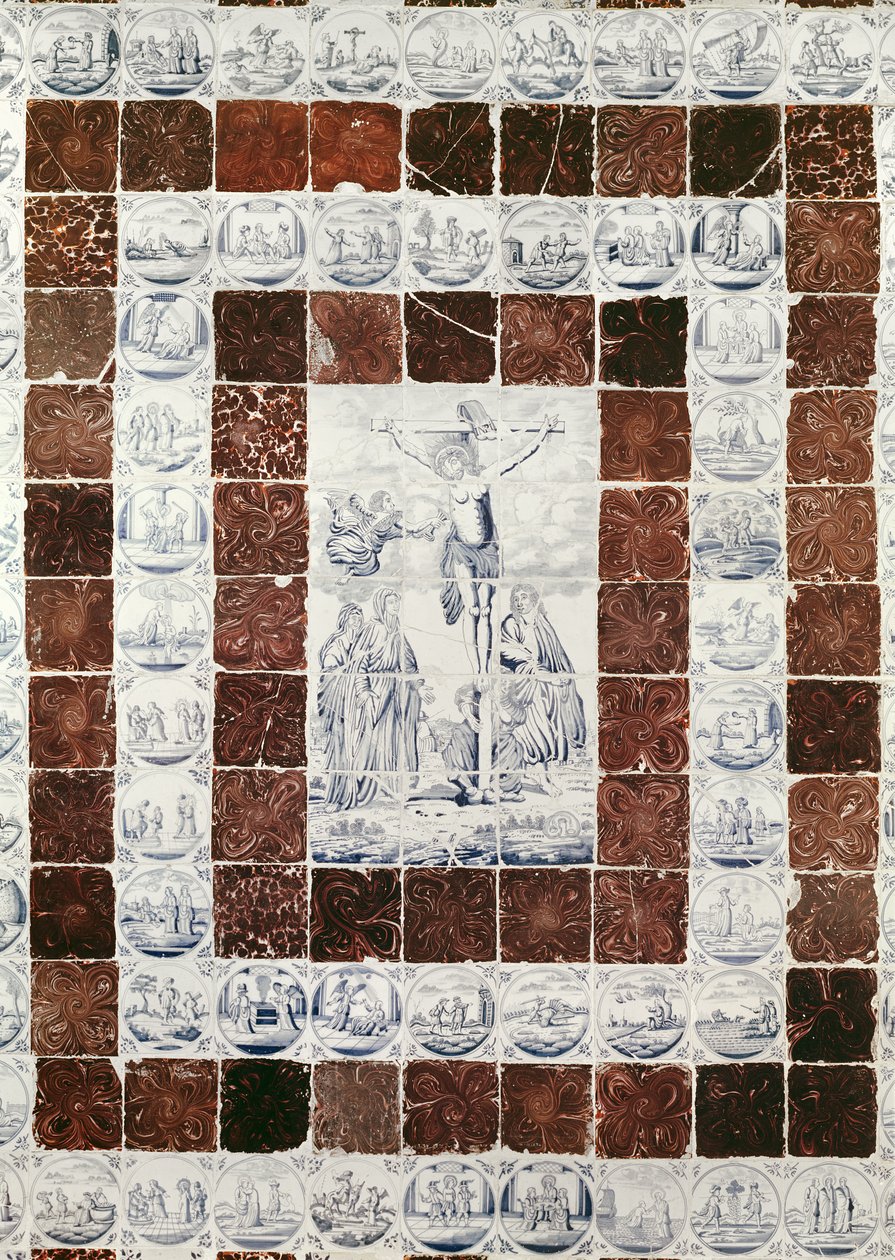 Delft-fliser som viser korsfestelsen med en kant av fliser med scener fra Det gamle og nye testamentet (keramikk) av Dutch School