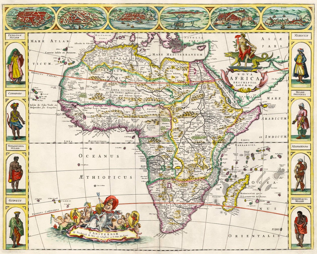 Kart over Afrika, fra Nova Africa Descriptio, utgitt i Amsterdam på 1660-tallet av den nederlandske kartografen Frederik de Wit av Dutch School