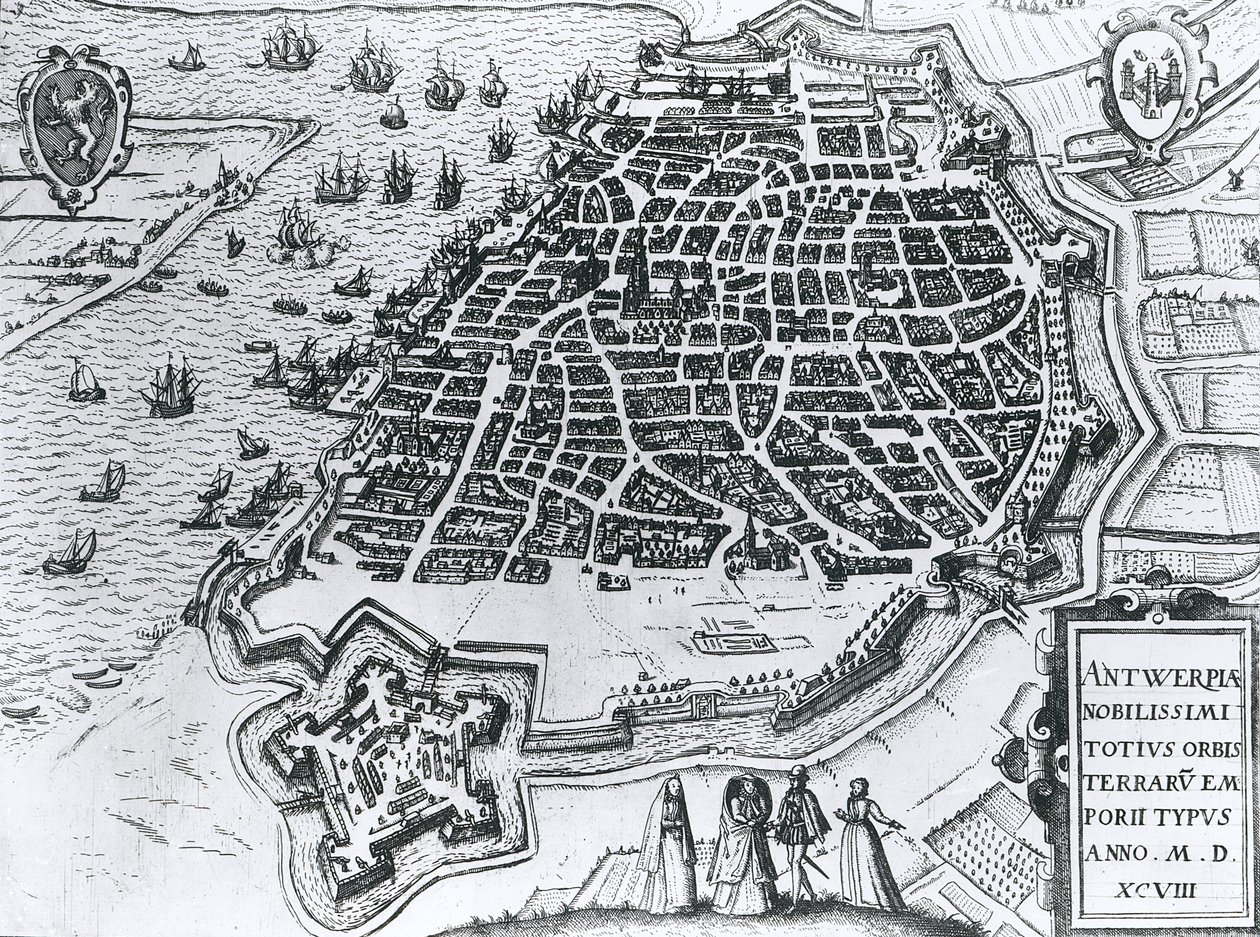 Kart over Antwerpen, 1598 av Dutch School