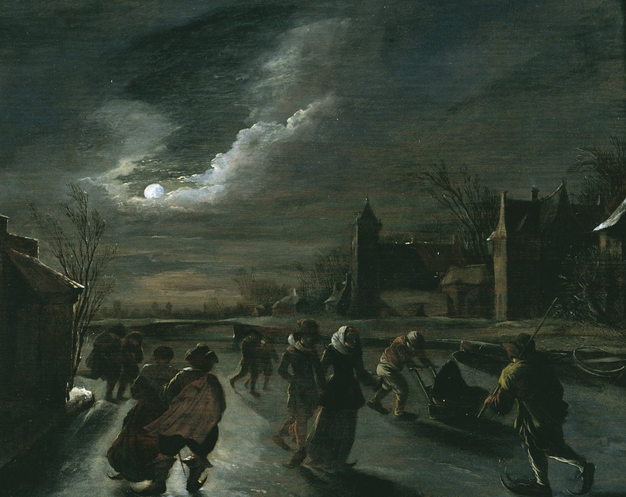 Måneskinnsscene med skatere av Dutch School