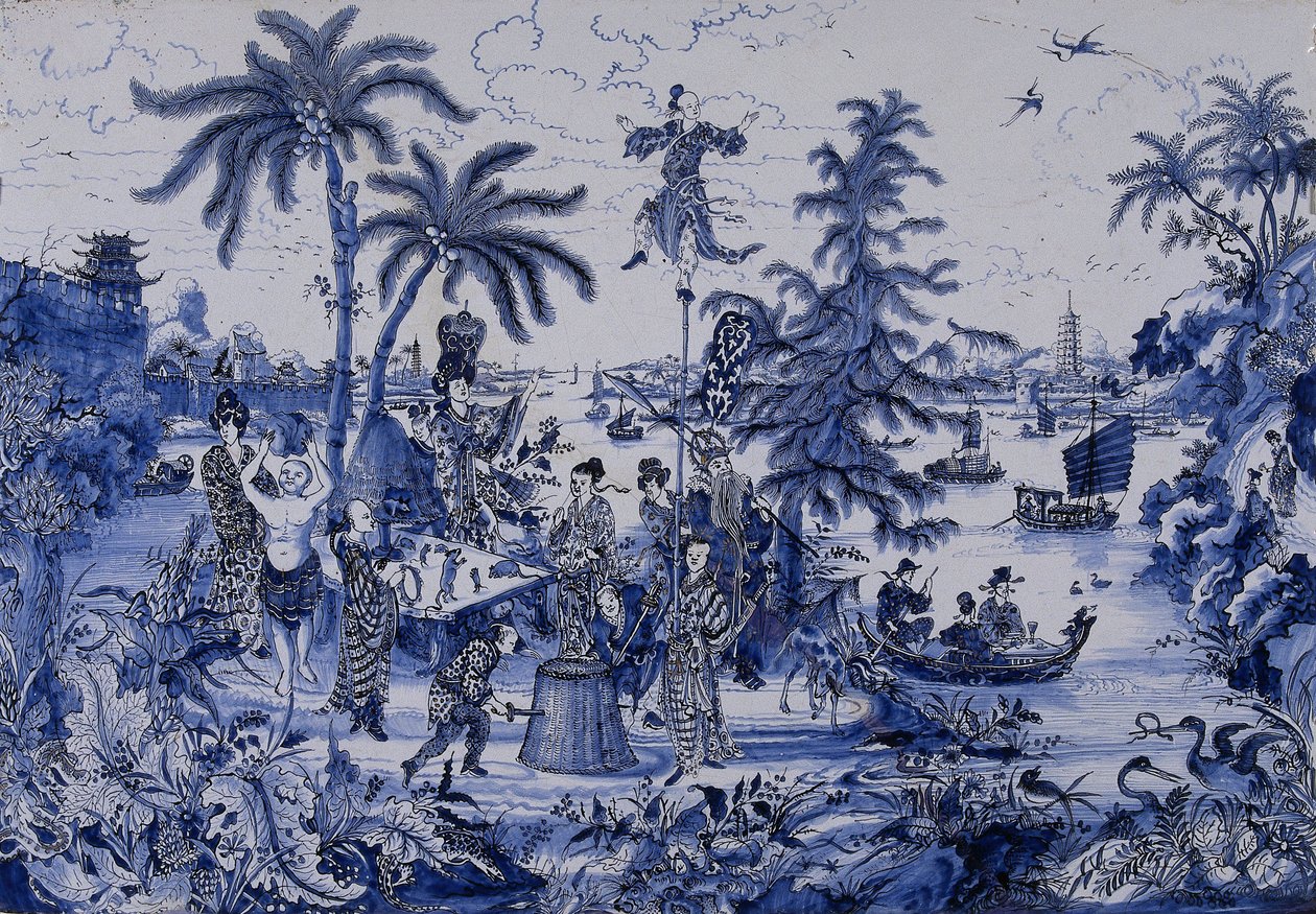 Plakett med et Chinoiserie-landskap og forgylte detaljer, ca. 1680 (fajanse) av Dutch School