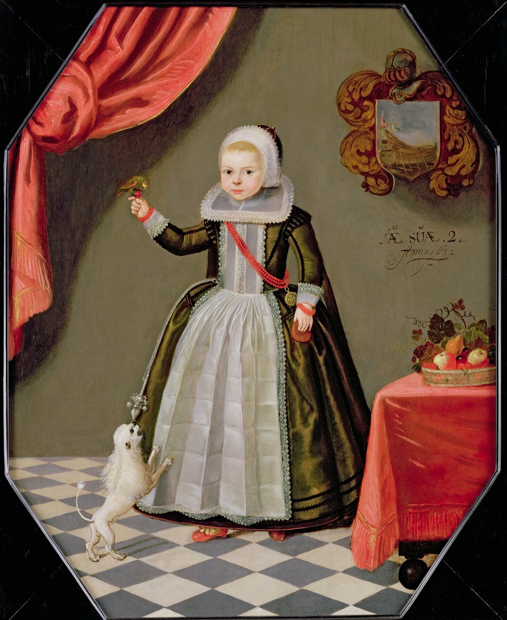 Portrett av en ung jente med en fugl på fingeren og en hund ved føttene, 1632 av Dutch School