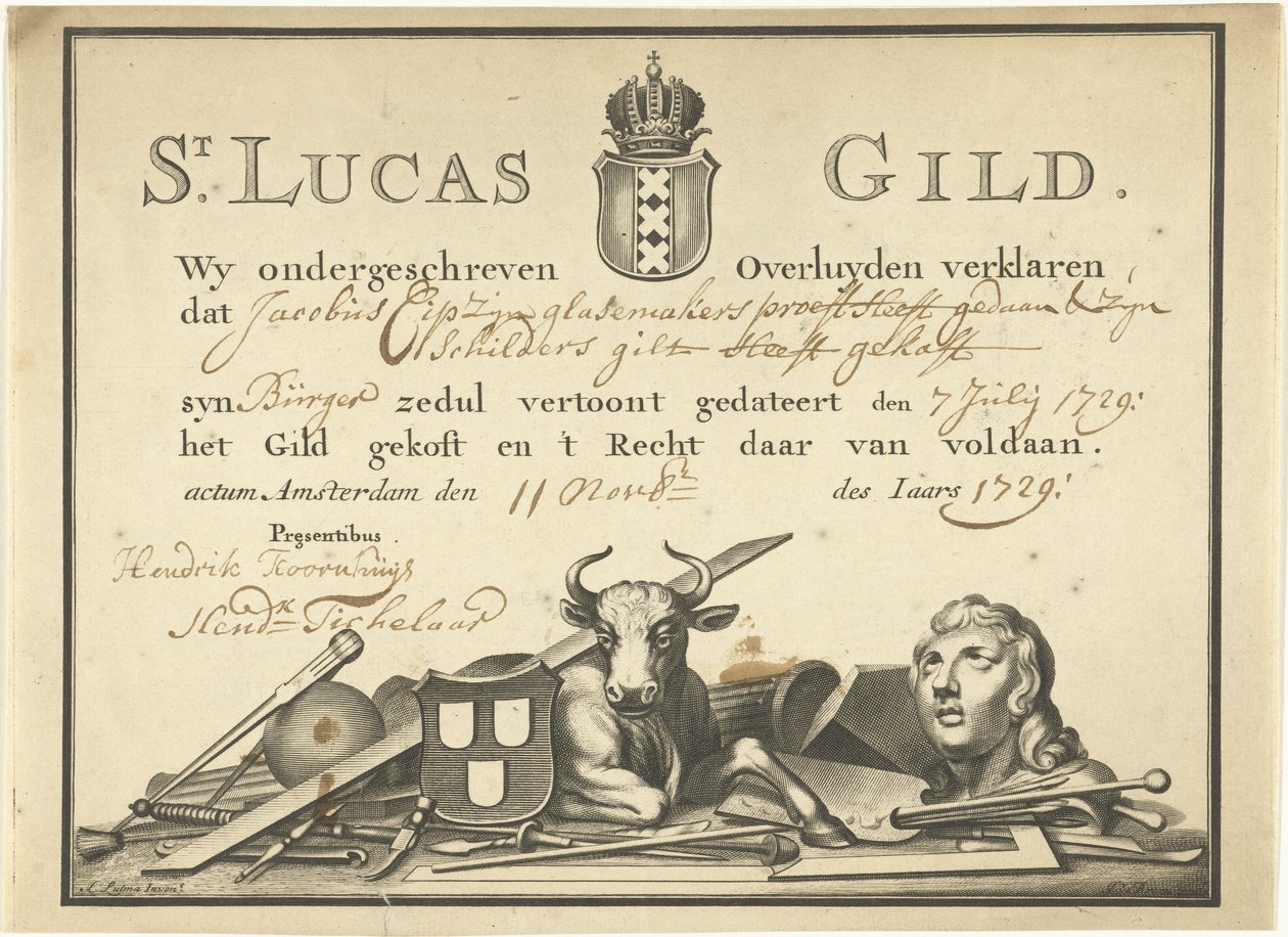 Kvittering fra Saint Luke-lauget i Amsterdam til glassmesteren James Cip, 1729 av Dutch School