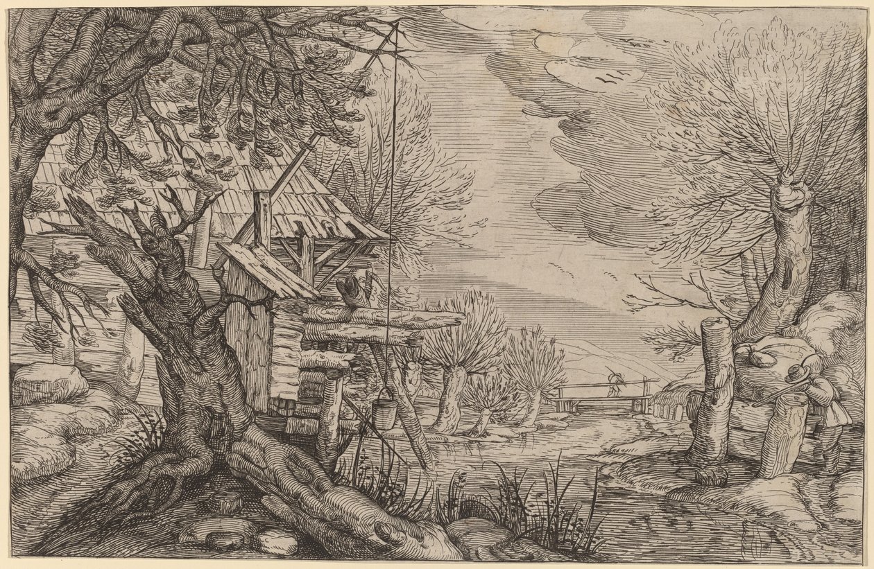 Landskap med tømmerhus nær en elv av Dutch 17th Century, formerly Jacques de Gheyn II