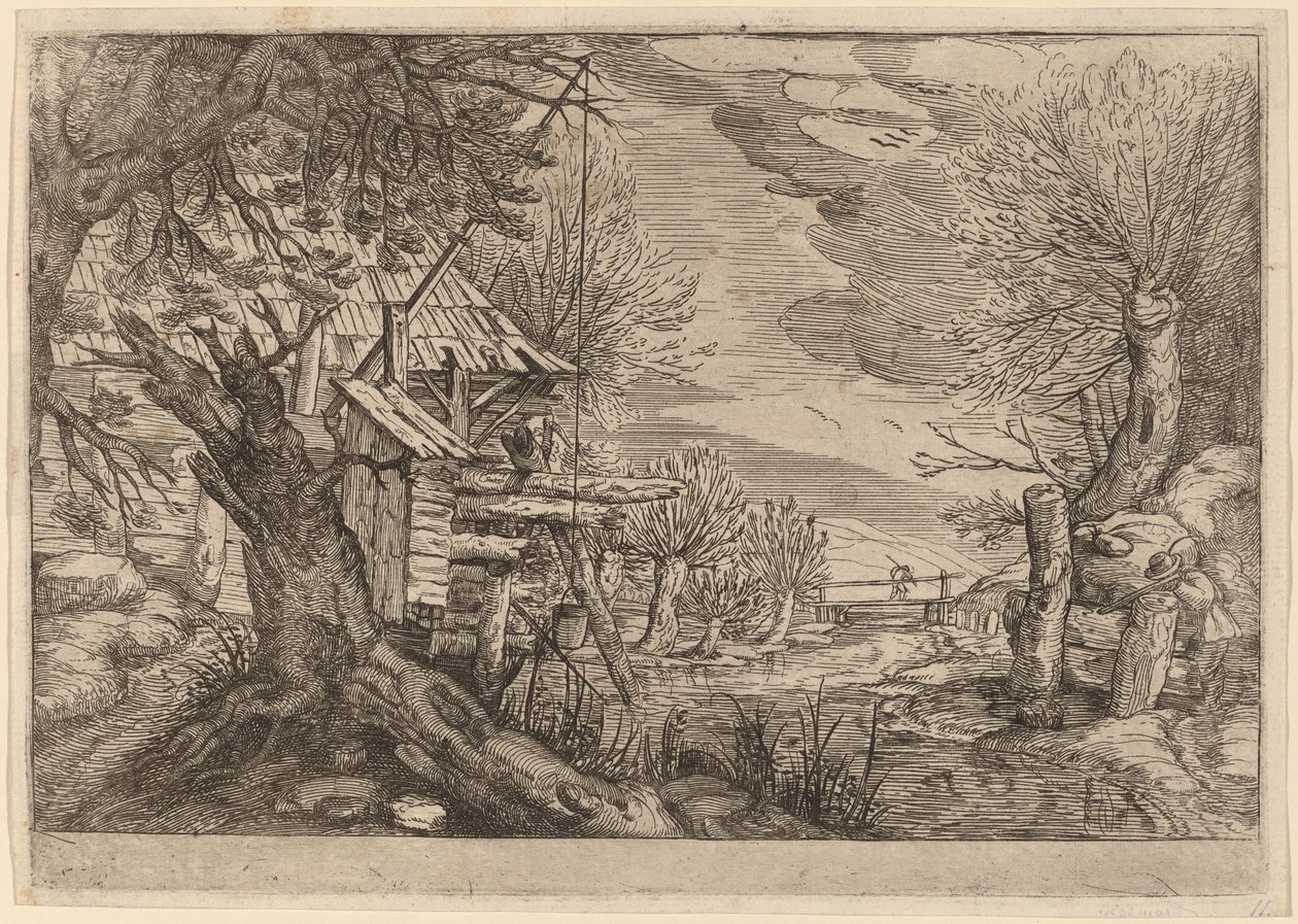 Landskap med tømmerhus nær en elv av Dutch 17th Century, formerly Jacques de Gheyn II