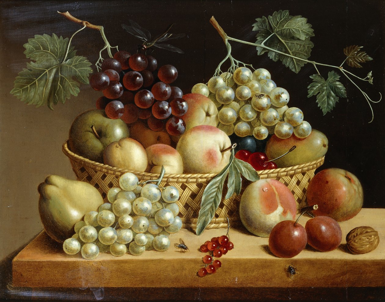 En kurv med druer, epler, fersken og annen frukt på en avsats, 1833 av Dutch School