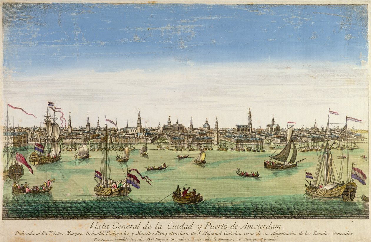 Et generelt syn på havnen og byen Amsterdam, gravering av D.G. Hucquier, 1500-tallet av Dutch School