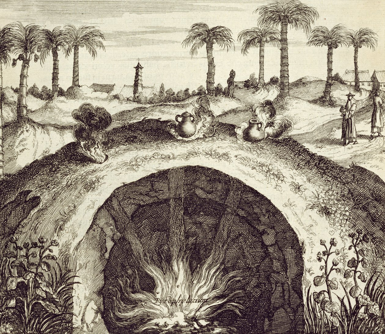 En gigantisk underjordisk dampkoker, fra Kina illustrert av Athanasius Kircher (1601-80) 1667 av Dutch School