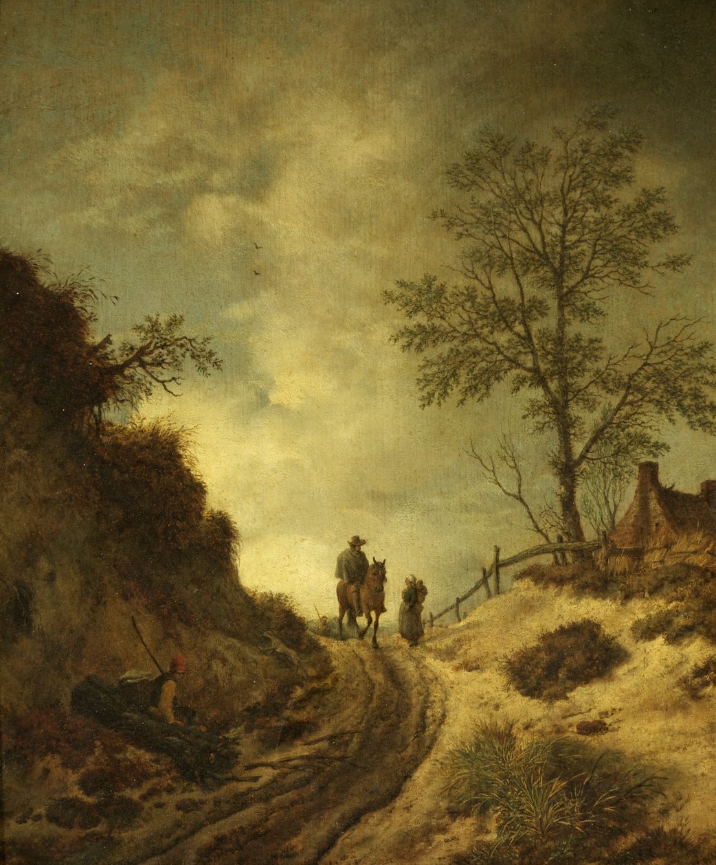 En rytter og andre figurer på en kupert vei (olje på panel) av Dutch School