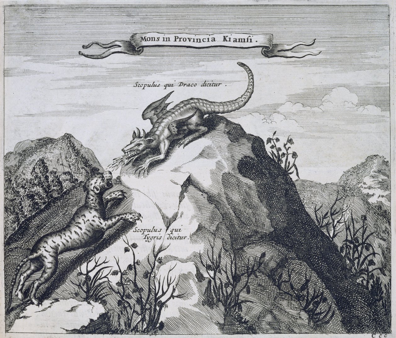 Et fjell i Jiangxi-provinsen med steiner kjent som dragen og tigeren, fra Kina Illustrert av Athanasius Kircher (1601-80) 1667 av Dutch School