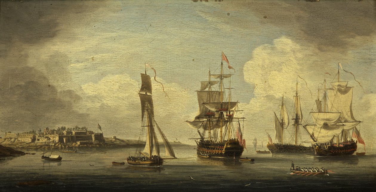 A Sea Port (olje på panel, mahogni) av Dutch School