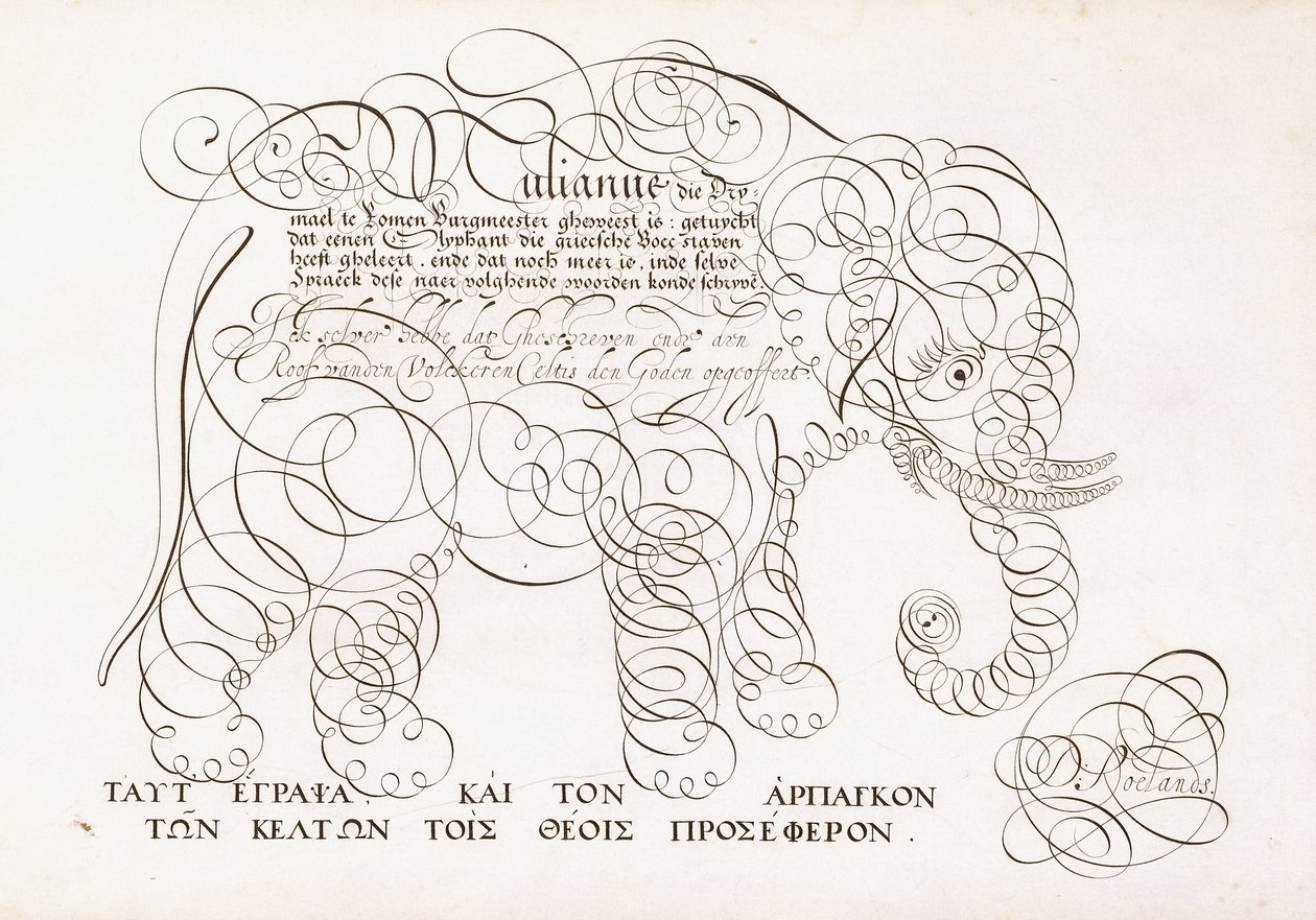 En kalligrafisk design av en elefant, 1616-1617 og slutten av 1600-tallet av Dutch School