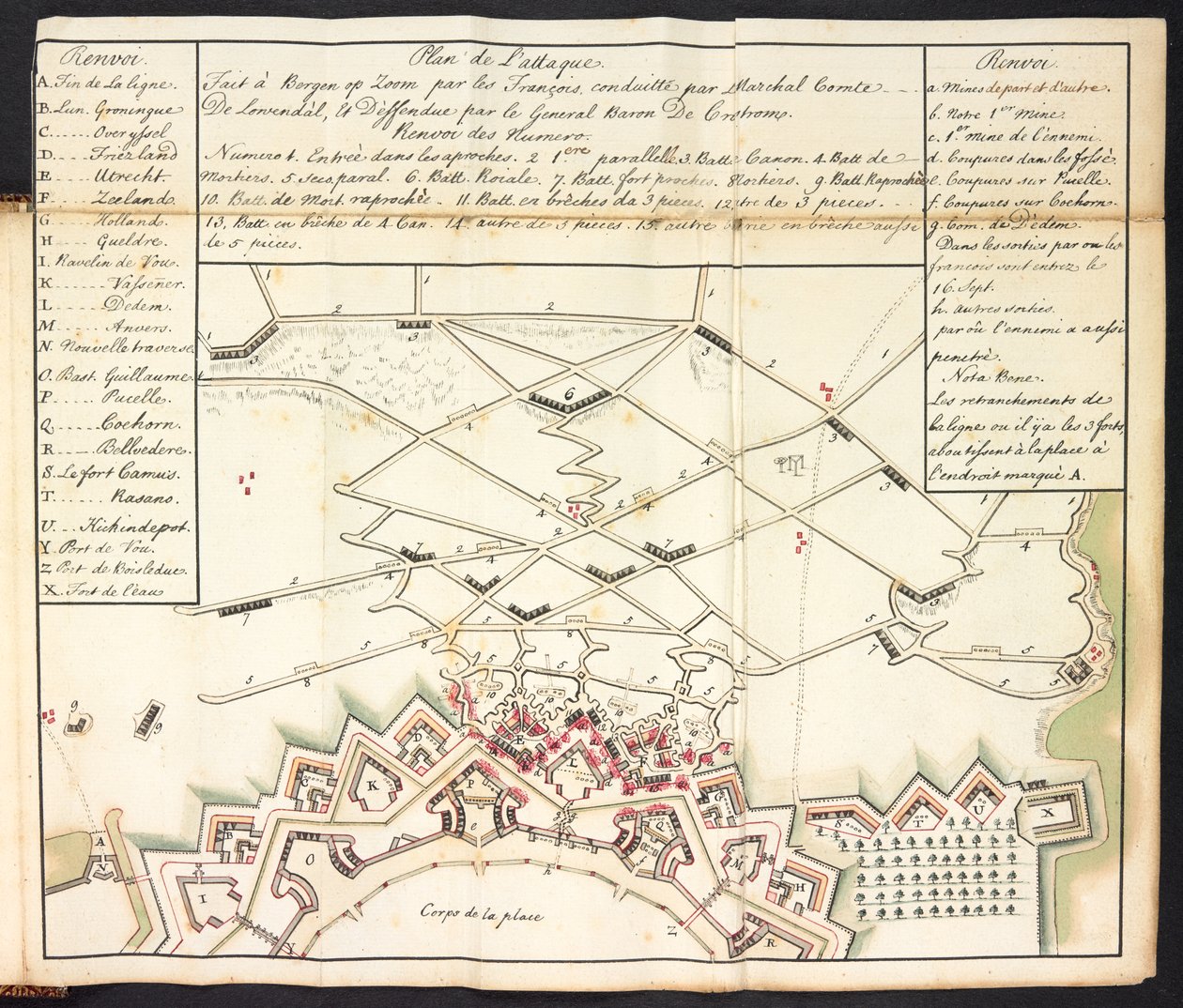 En farget plan over beleiringen av Bergen op Zoom (farget gravering) av Dutch School