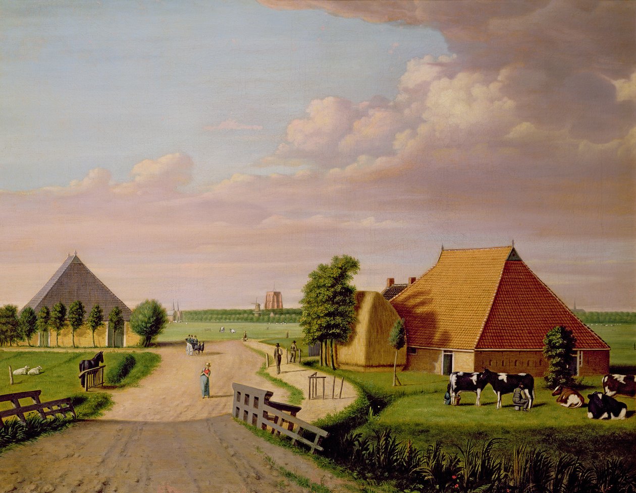 En studie av Leevwarden i Holland med en flokk friesiske storfe i forgrunnen av Dutch School