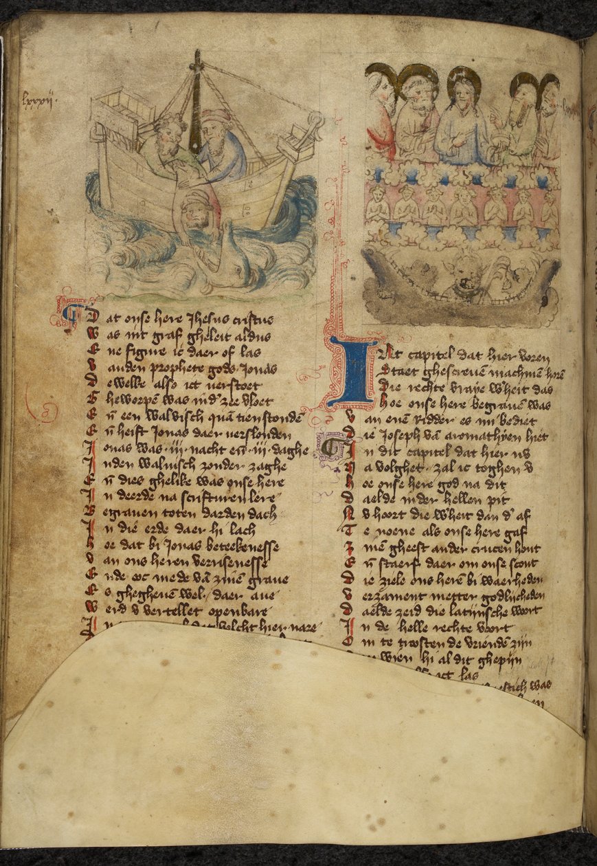 Legge til. 11575, f.65v Jonah and the Whale, fra Spiegel van der Menschen Behoudenisse (oversettelse av Mirror of Human Salvation) (vellum) av Dutch School