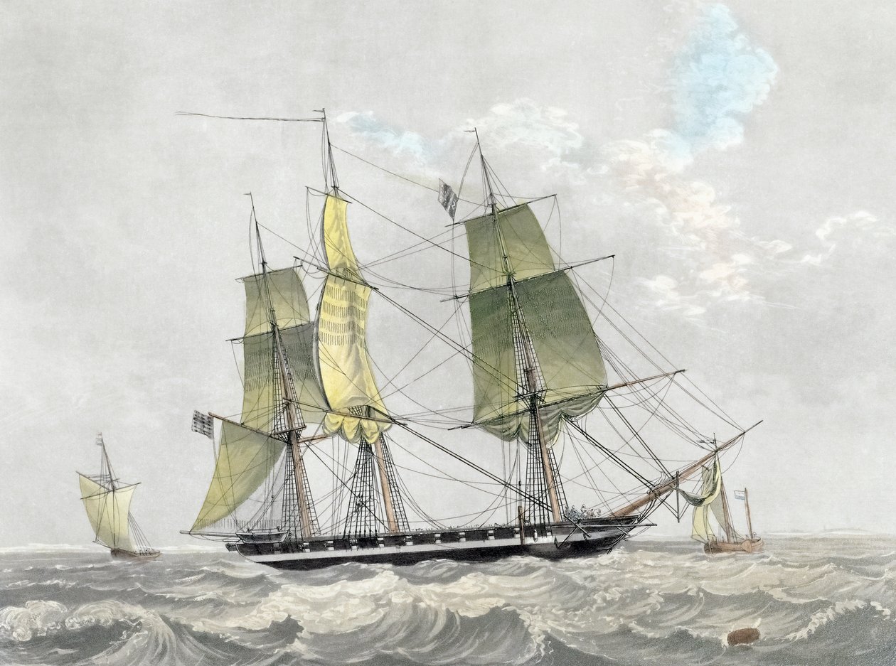 Amerikansk marinekorvett under seil, tidlig på 1800-tallet (trykk) av Dutch School