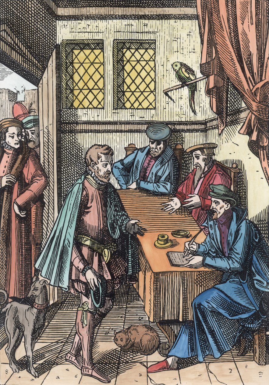 Bailliage, eller Tribunal of the Kings Bailiff, etter en tregravering i Praxis Rerum Civilium av Joos de Damhouder (1507-81) publisert Antwerpen, 1557 (senere fargelegging) av Dutch School