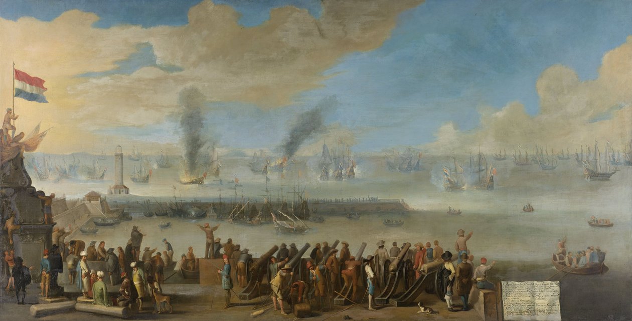 Slaget ved Livorno, 14. mars 1653, en hendelse fra den første anglo-nederlandske krigen, etter 1653-60 av Dutch School