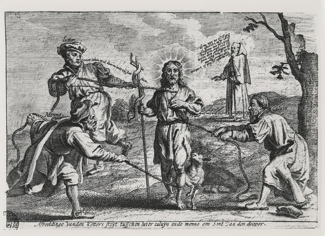 Karikatur av Luther, Calvin og Menno Simons som bestrider Kristus og hans lære av Dutch School