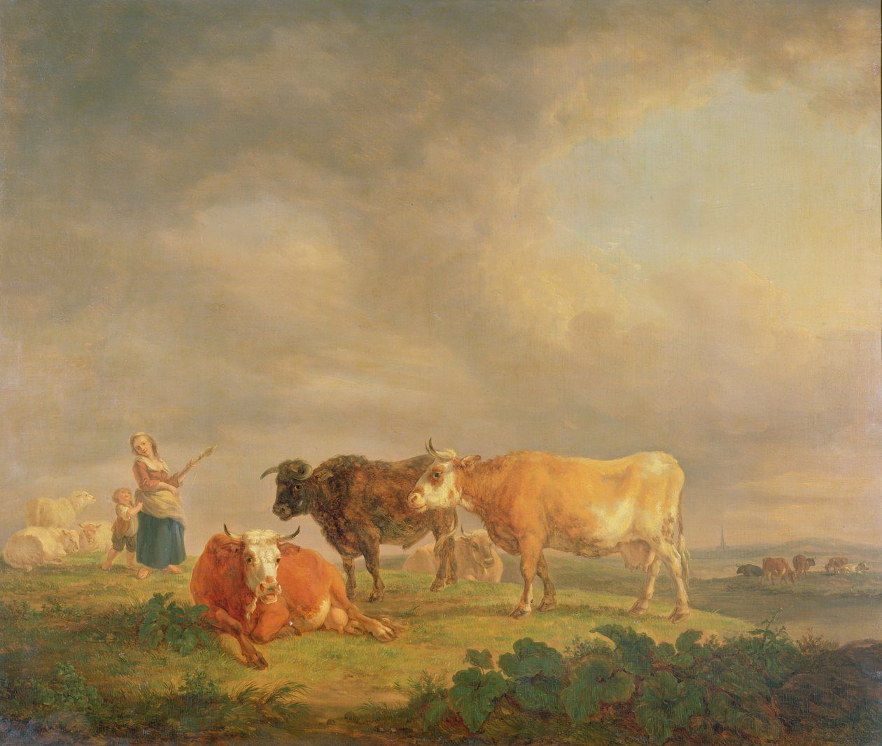 Storfe beiter i et landskap, ca. 1820 (panel) av Dutch School