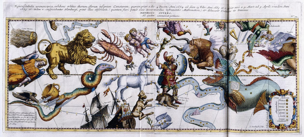 Himmelkart over stjernebildene: Orion, Tyren, Væren, Fiskene osv., 1666-1668 av Dutch School