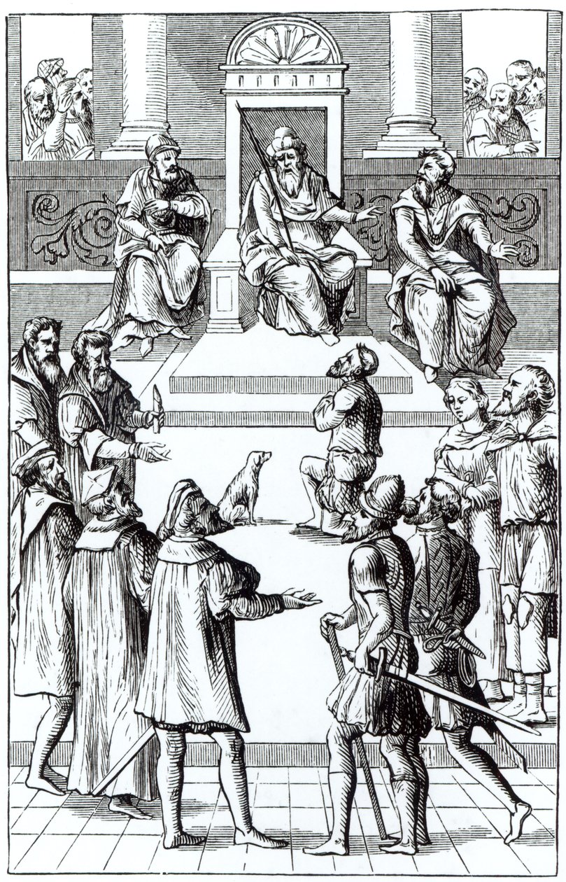Tilståelse for rettelser for domstolen, etter et tresnitt i Praxis Rerum Criminalium av Joos de Damhouder (1507-81) publisert Antwerpen, 1556 av Dutch School