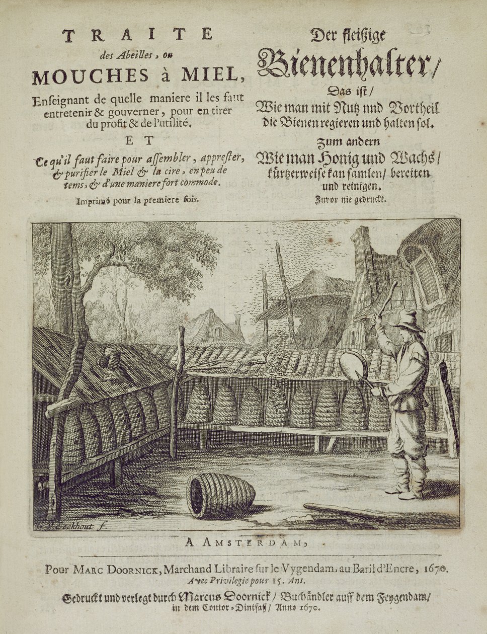 Omslag av Traite des Abeilles, ou Mouches a Miel... trykt på fransk og tysk, gravert av G.V.Eckhout, Amsterdam 1670 av Dutch School