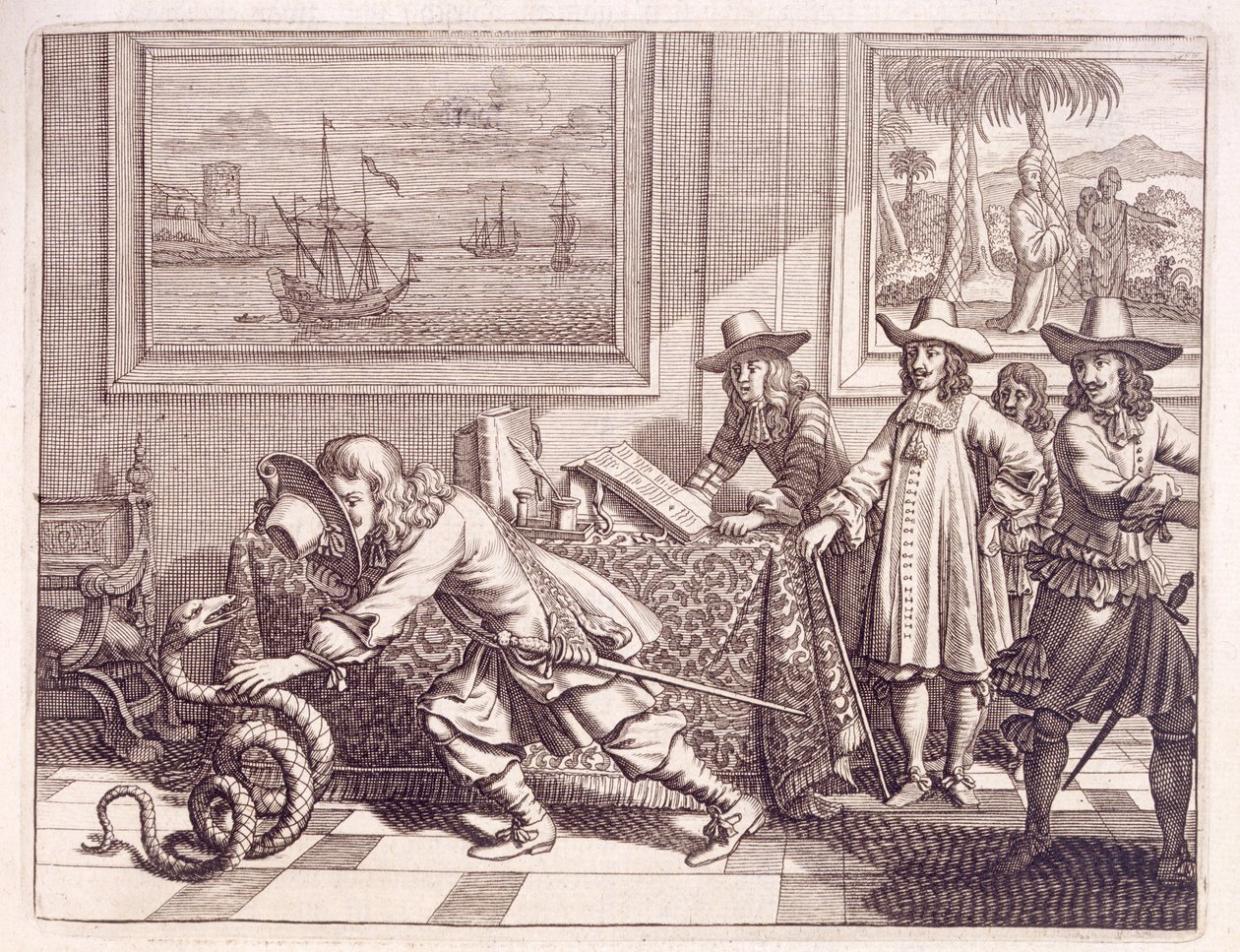 Håndterer en kobra som har invadert de nederlandske offisersrommene, 1672 av Dutch School