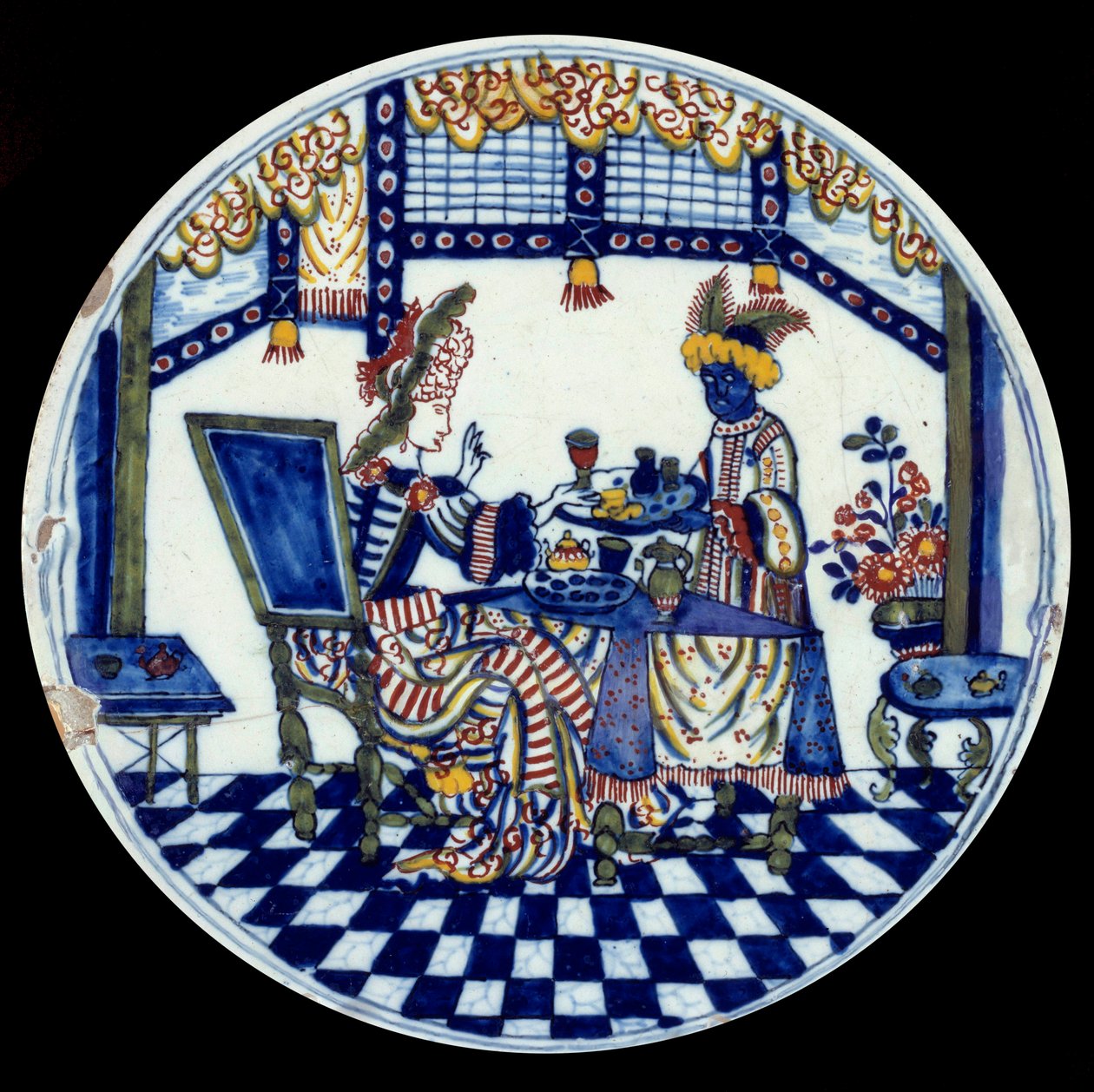 Delft porselenstallerken som representerer en kvinne ved et bord servert av hennes svarte tjener. 1705 Sevres, Nasjonalmuseet for keramikk av Dutch School