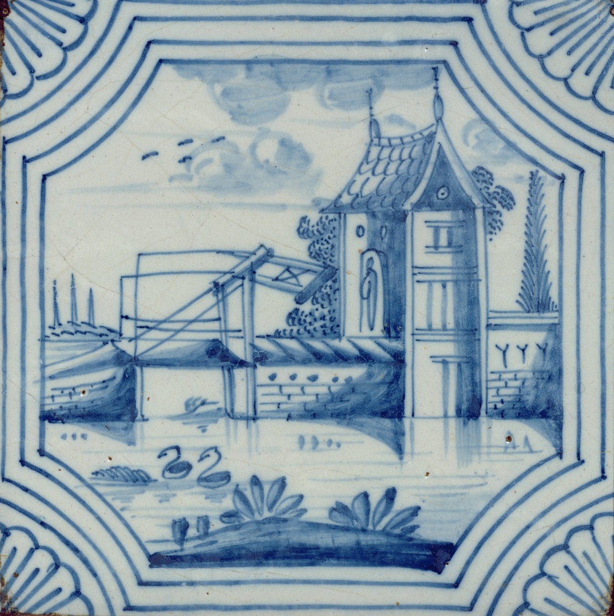Delft-flis som viser en vindebro over en kanal, 1800-tallet av Dutch School