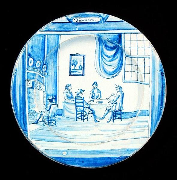 Delftvareplate som viser februar måned (tinnglasert lertøy) av Dutch School