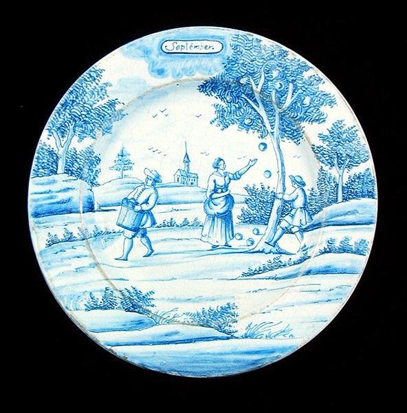 Delftvareplate som viser september måned (tinnglasert keramikk) av Dutch School