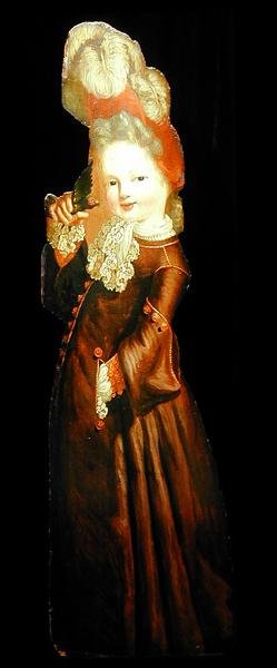 Dummy bordfigur av en jente som holder en parakitt (olje om bord) av Dutch School