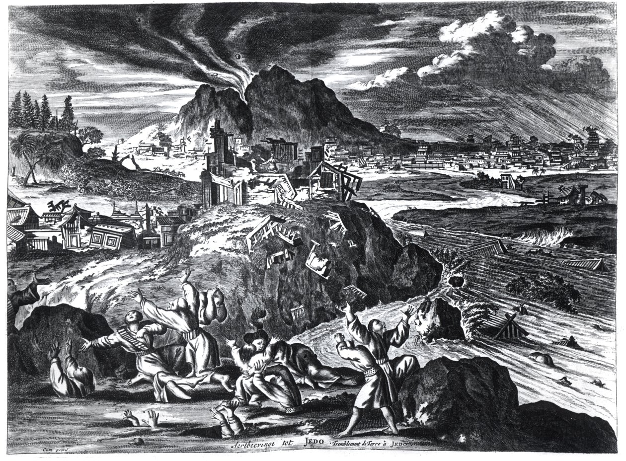 Jordskjelv i Edo (Tokyo) i 1659, illustrasjon fra beretningen av Arnold Montanus om ambassader sendt av det nederlandske østindiske kompaniet til keiseren av Japan, publisert i Amsterdam 1669 ( av Dutch School