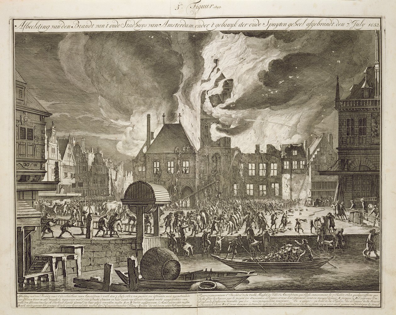Brann i det gamle rådhuset i Amsterdam, 17. juli 1652, fra en bok om brannbekjempelse i Holland, utgitt ca. 1700 av Dutch School