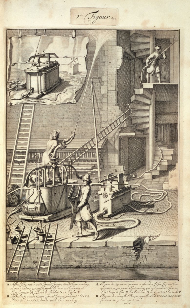 Firefighting Machinery, fra en bok om Firefighting in Holland, utgitt ca.1700 av Dutch School