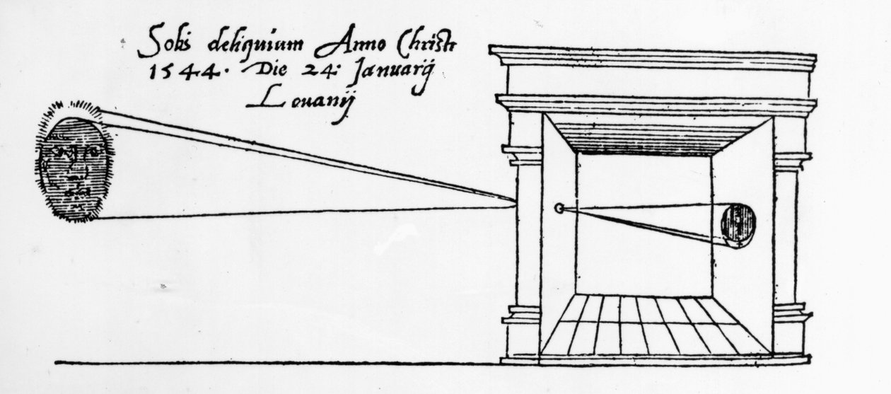Første publiserte illustrasjon av en camera obscura som observerte en solformørkelse i januar 1544 av Dutch School