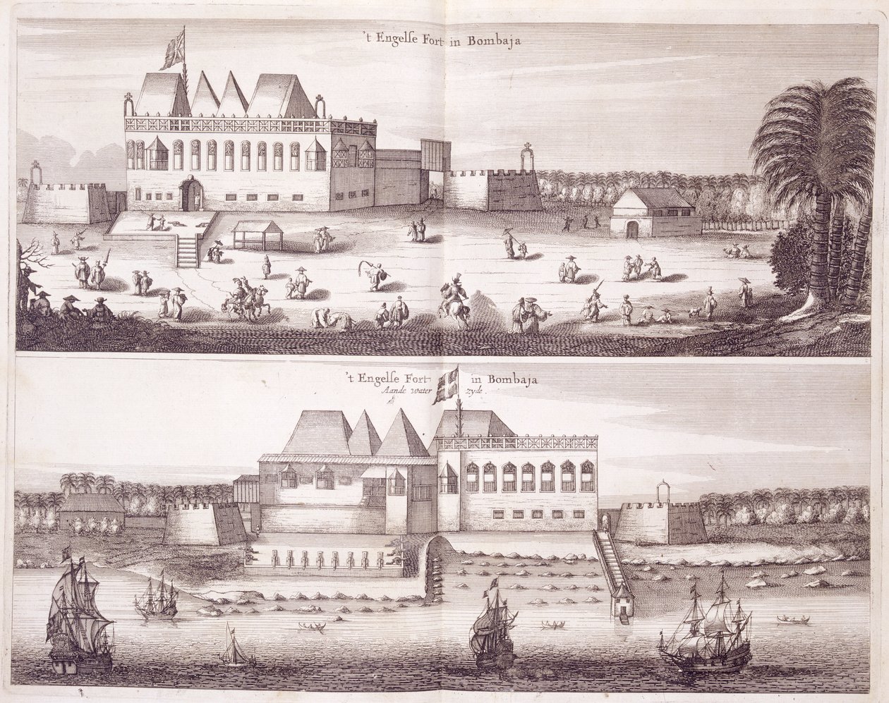 Utsikt foran og ved vannet av det engelske fortet i Bombay, 1672 av Dutch School